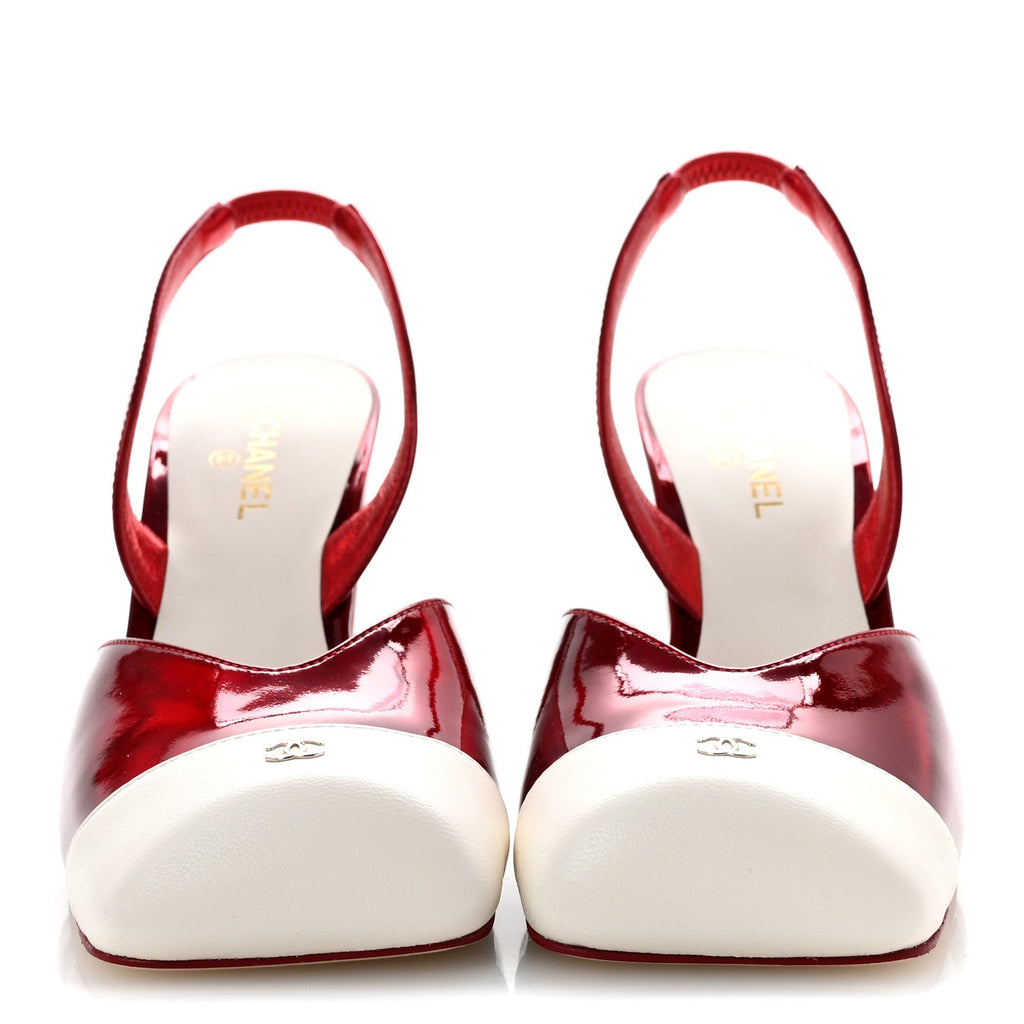 Lambskin Laminated Calfskin Cap Toe CC Slingback Pumps 37.5 Red Ivory