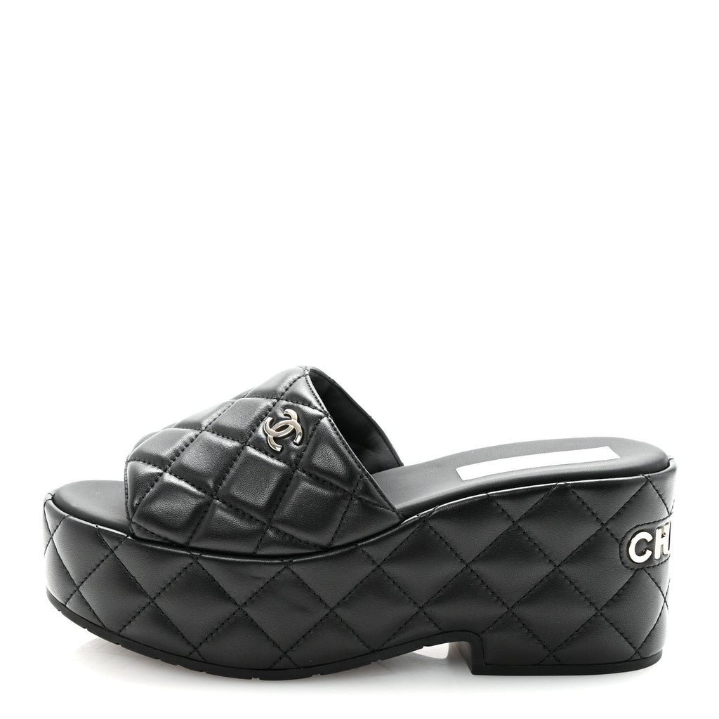 Lambskin Quilted CC Mules Wedge Sandals 39 Black