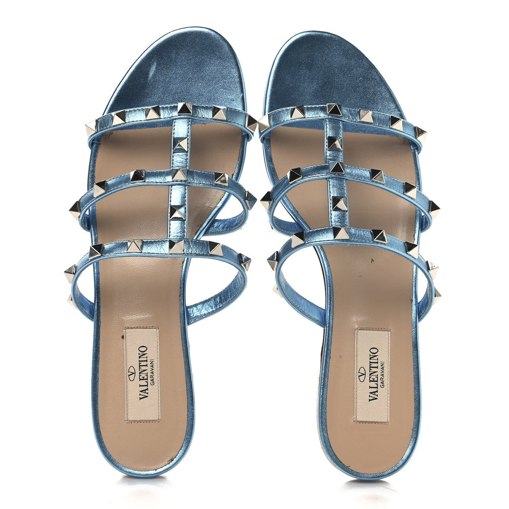 Metallic Nappa Rockstud Caged Flat Slide Sandals 37 Cerulean