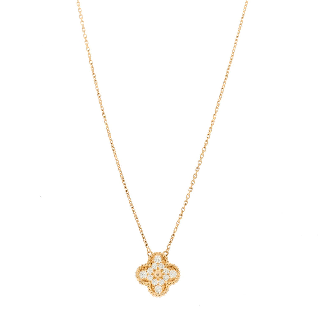 18K Rose Gold Diamond Vintage Alhambra Pendant Necklace