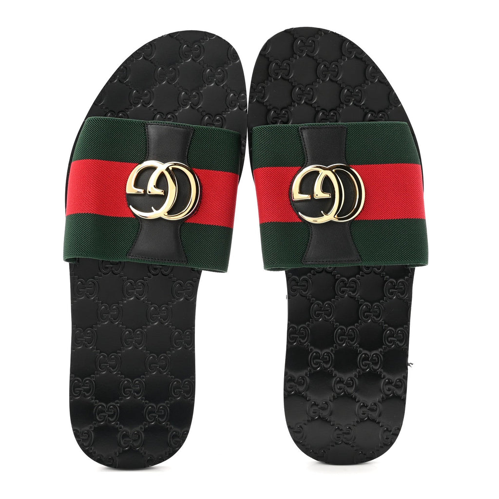 Calfskin Web Interlocking G Mens Riviera Slide Sandals 10 Black Green Red