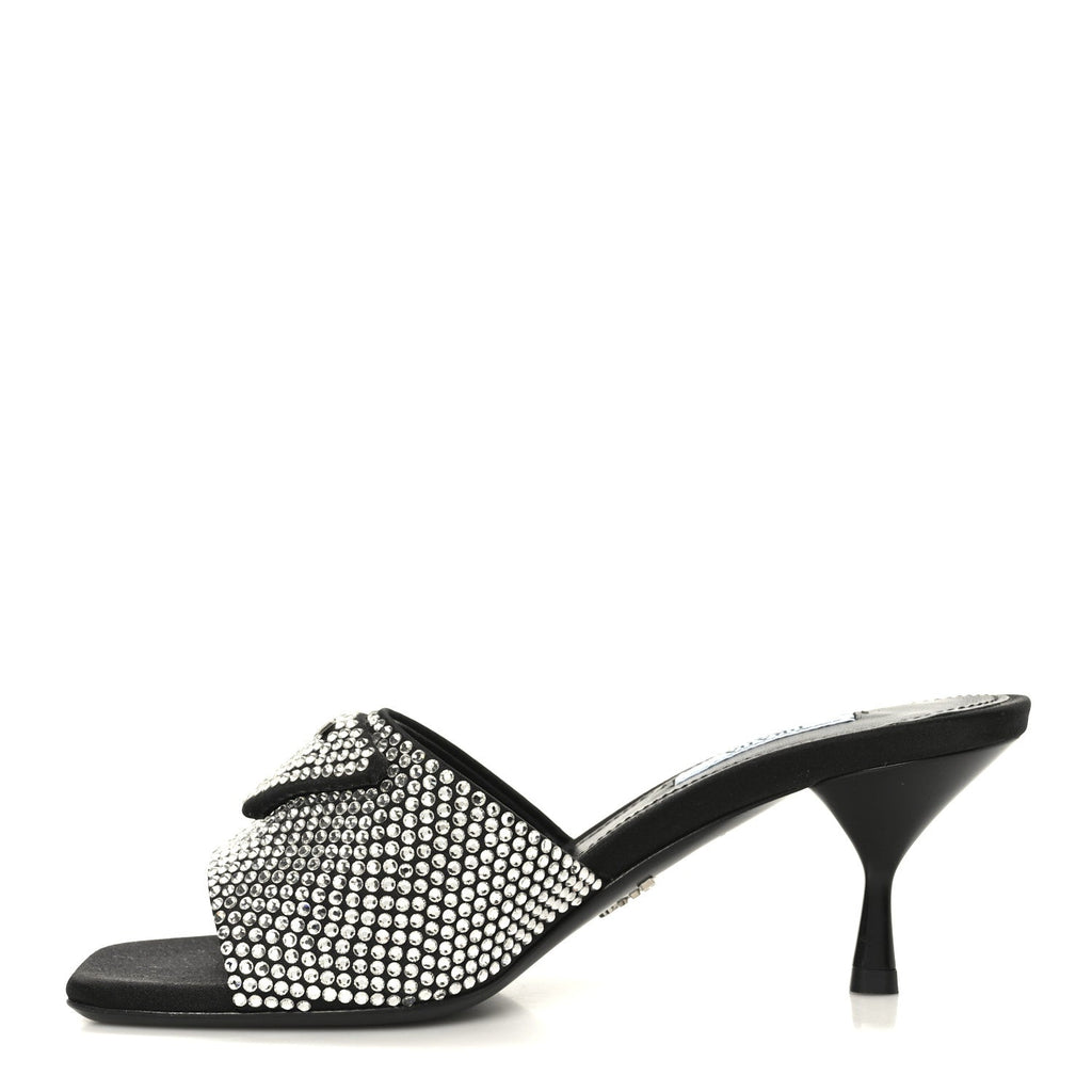 Satin Crystal Logo 65mm Slide Sandals 36 Cristal