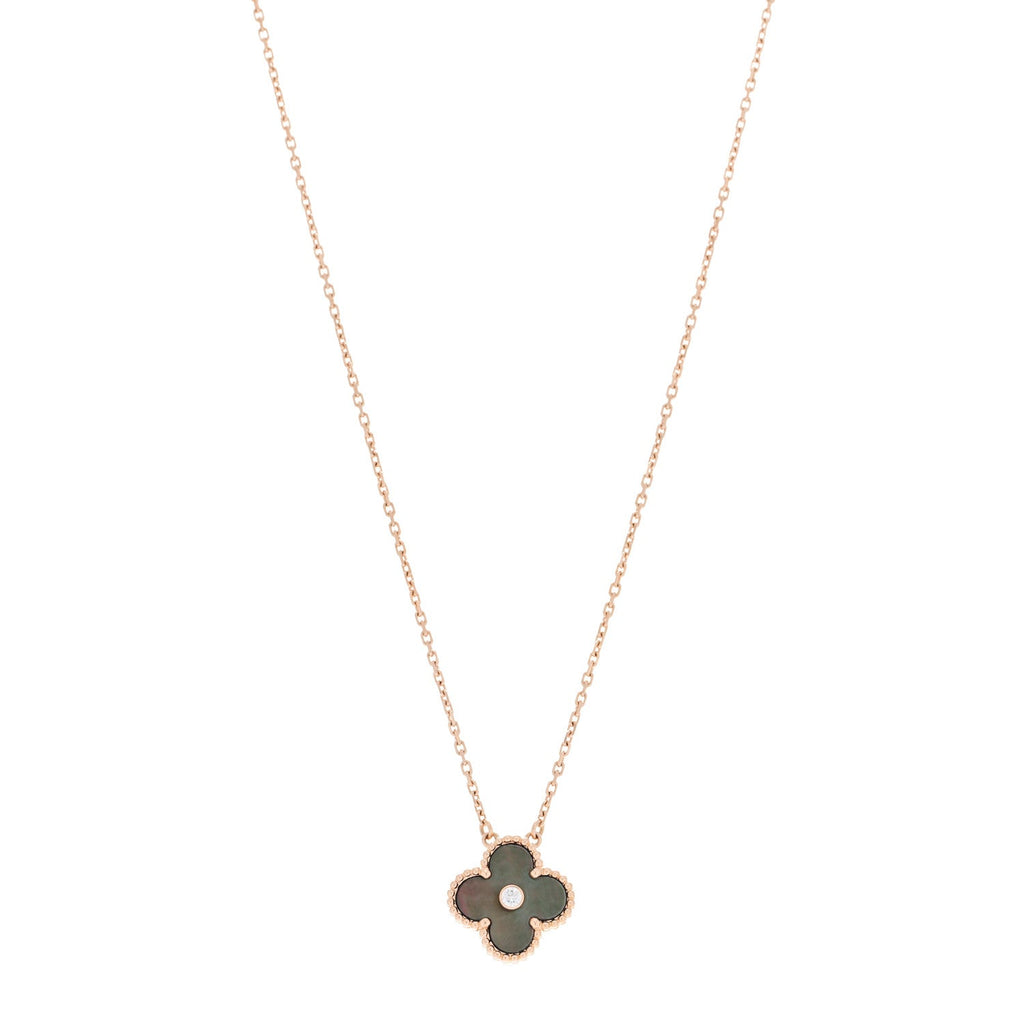 18K Rose Gold Diamond Grey Mother of Pearl Vintage Alhambra Pendant Necklace