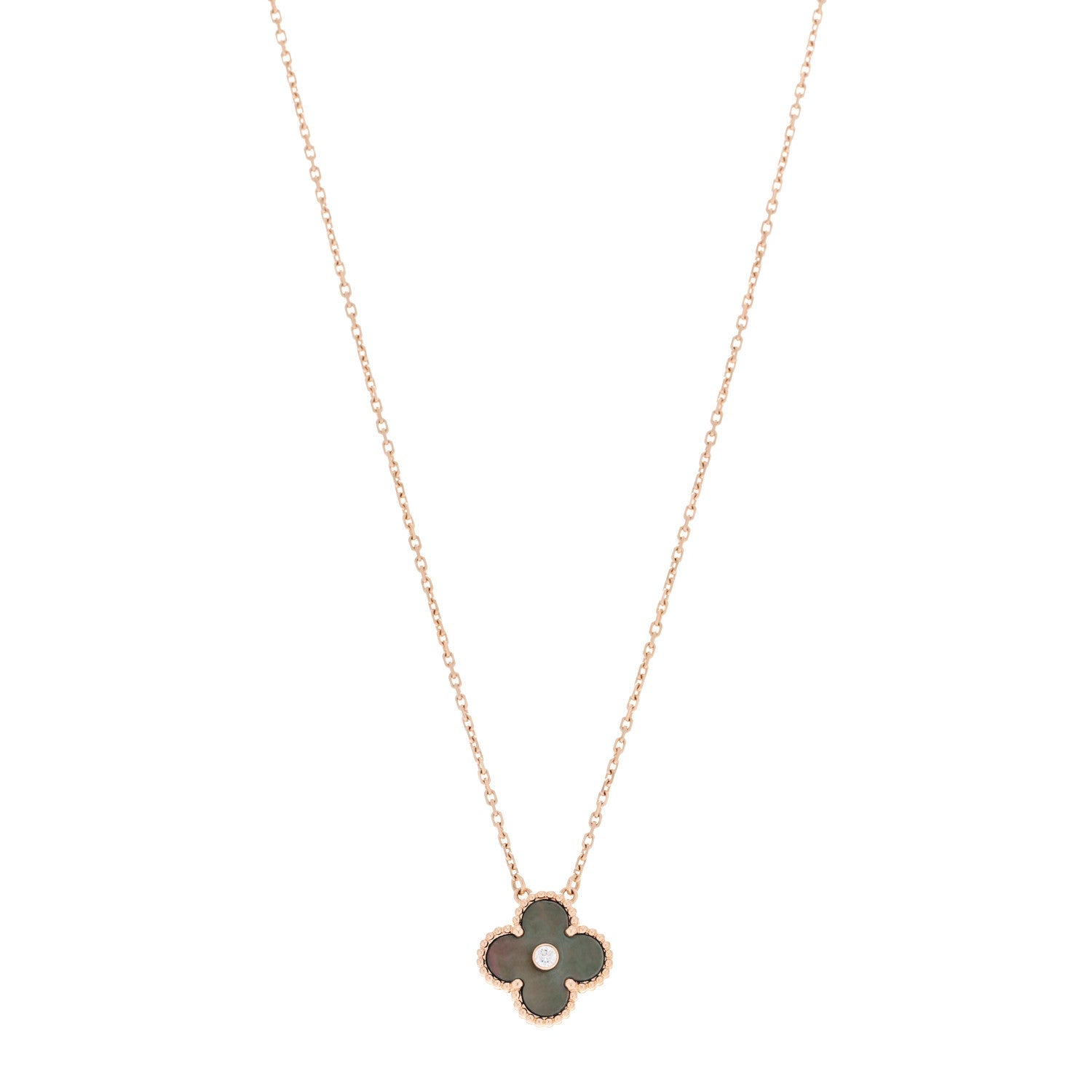 18K Rose Gold Diamond Grey Mother of Pearl Vintage Alhambra Pendant Necklace