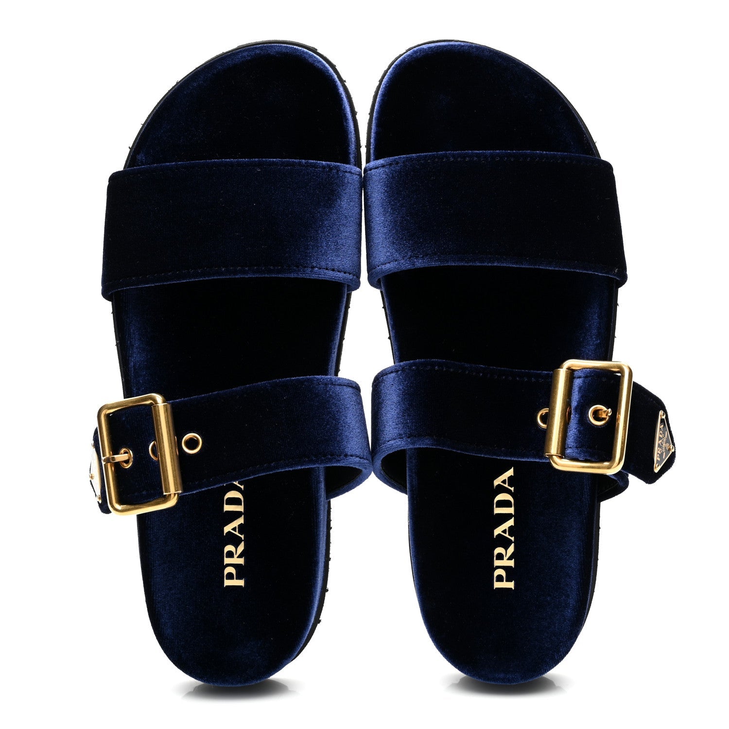 Velvet Metal Triangle Logo Womens Double Buckle 20mm Slide Sandals 39 Bleu