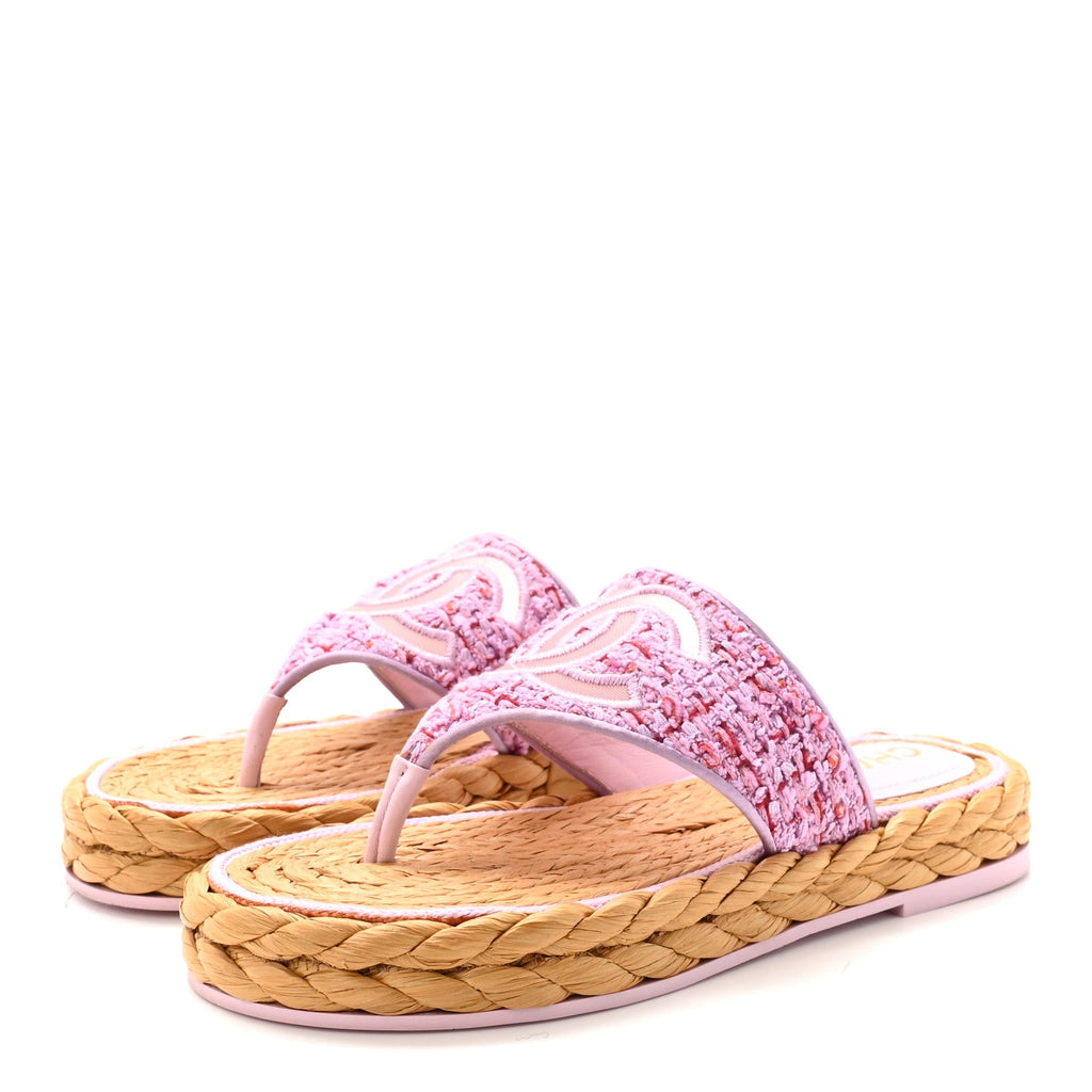 Tweed Mesh Satin CC Thong Sandals 37 Light Purple Pink Red