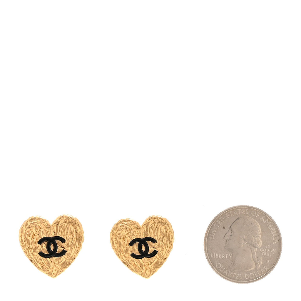 Metal Enamel CC Heart Earrings Gold Black