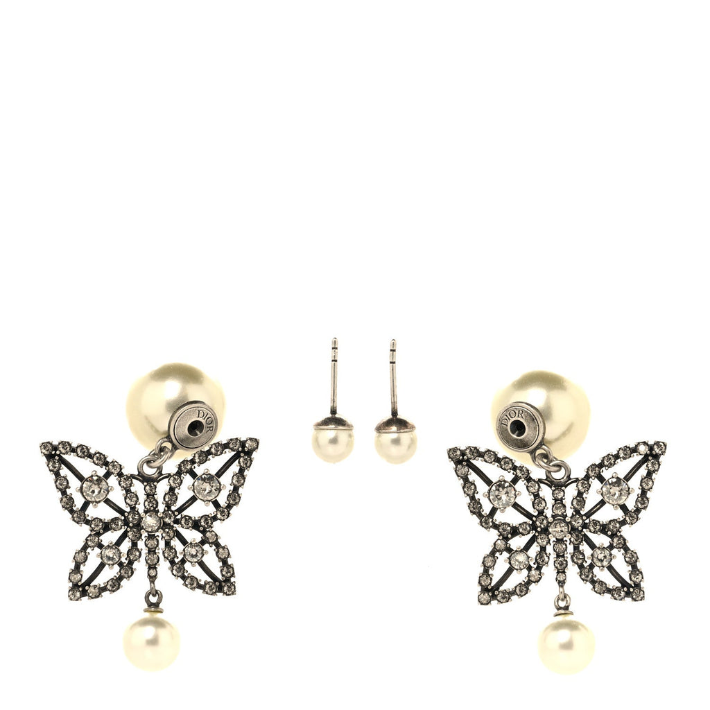 Crystal Pearl Butterfly Drop Earrings Silver