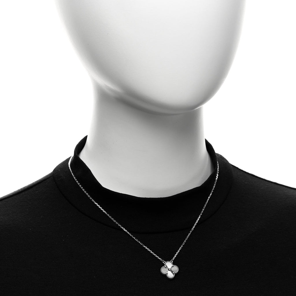 18K White Gold Guilloche Vintage Alhambra Pendant Necklace