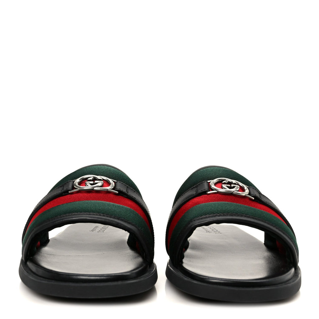 Nylon Calfskin Web Interlocking G Mens Maverik Slide Sandals 41 Black Green Red