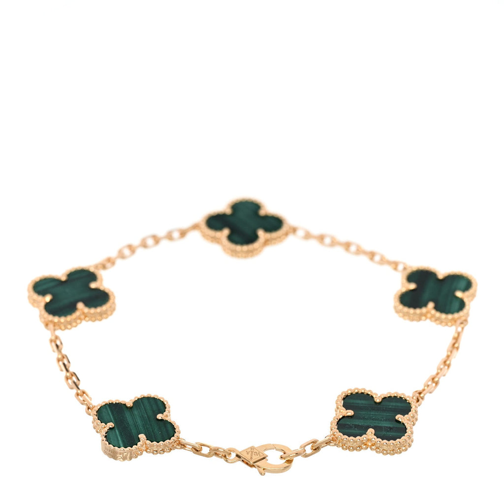18K Yellow Gold Malachite 5 Motifs Vintage Alhambra Bracelet