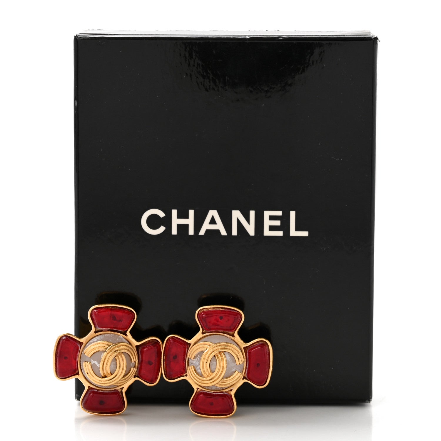 Metal Gripoix Clip On Earrings Gold Red