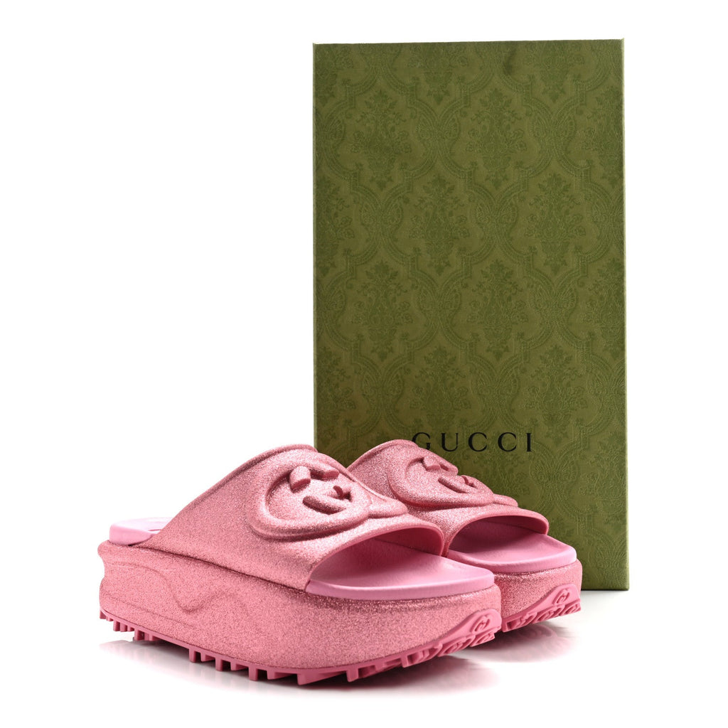 Glitter Rubber Womens Interlocking G Platform 42mm Slide Sandals 36 Rose