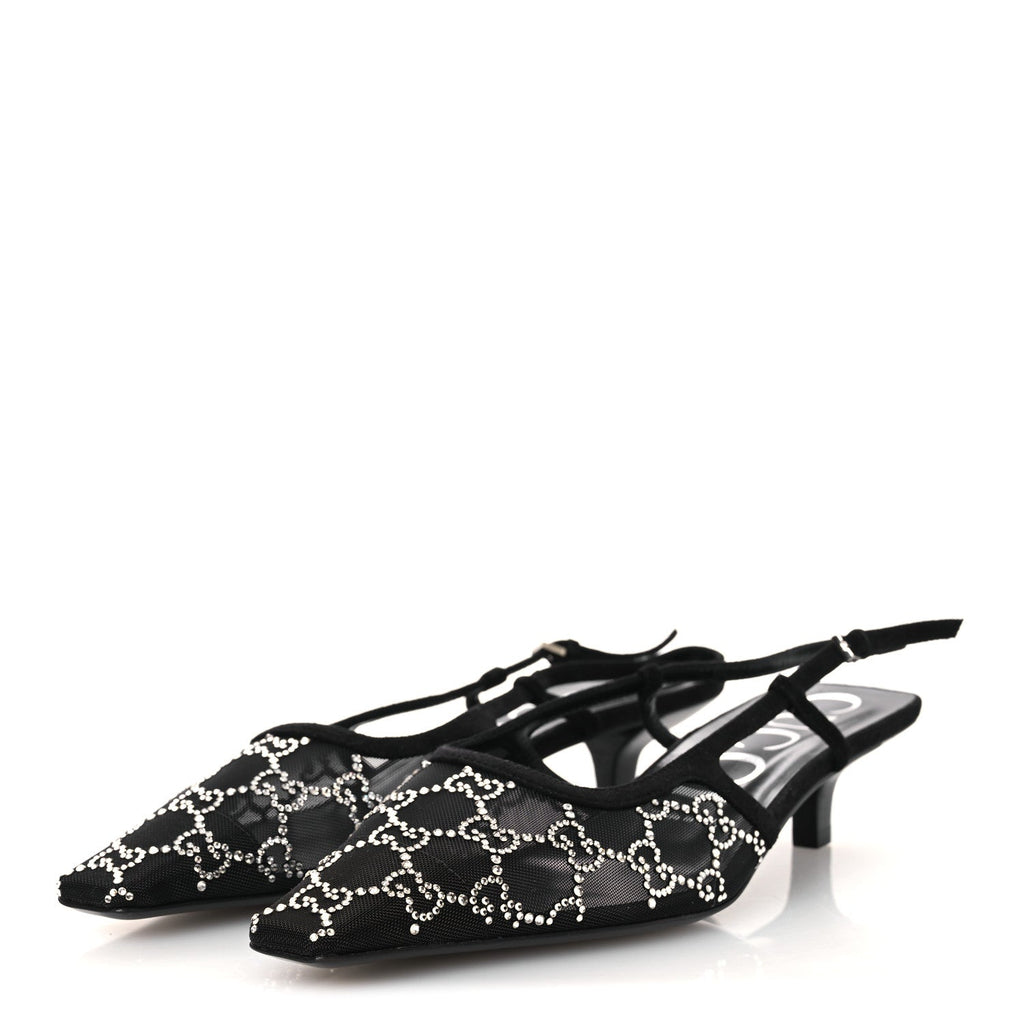 Tela Retino Kid Scamosciato Crystal GG Monogram Square G 35mm Slingback Pumps 39 Black