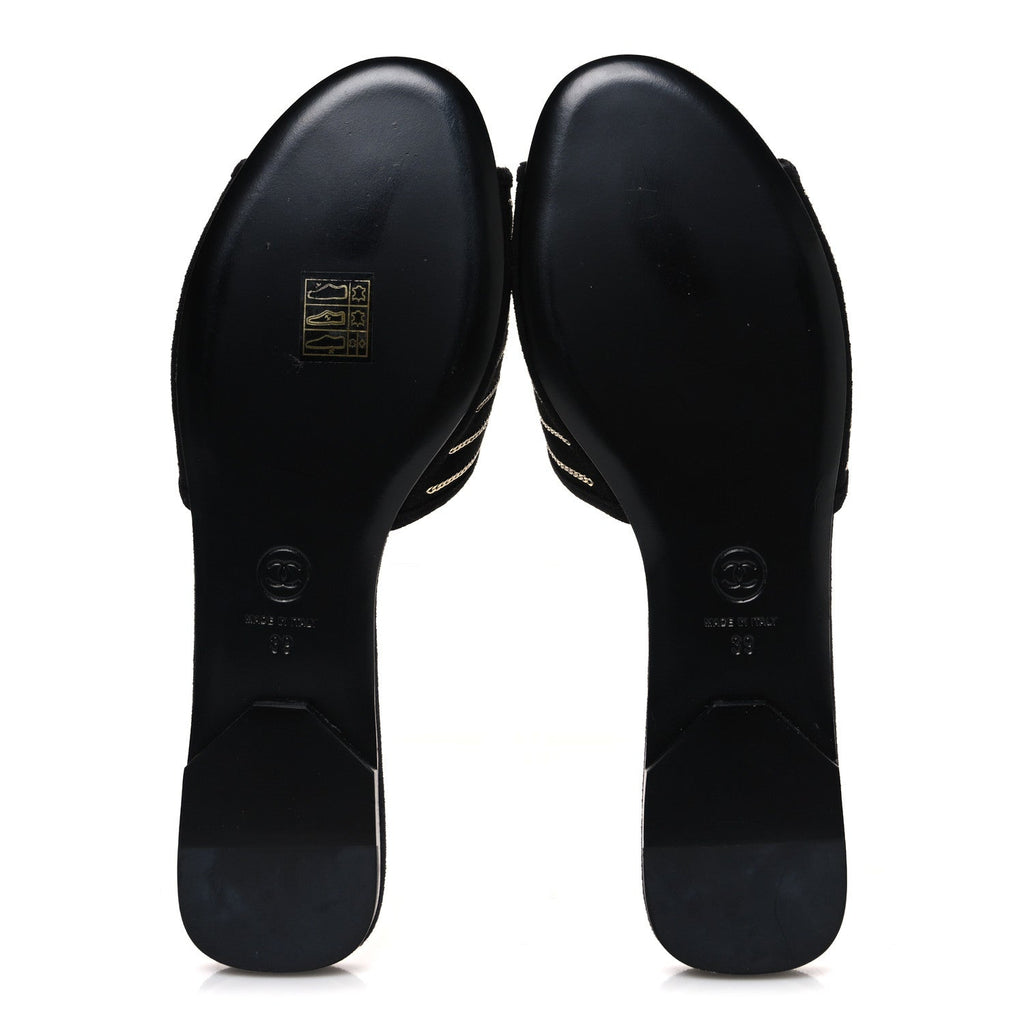 Suede Chain Flat Mule Sandals 39 Black