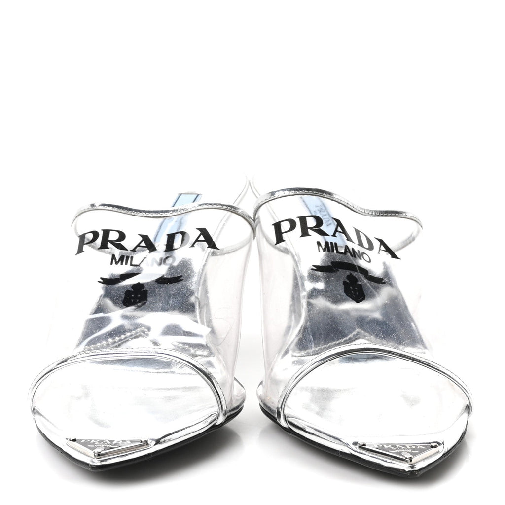 Plexiglass Metallic Calfskin Metal Triangle Logo 75mm Slide Sandals 38 Argento