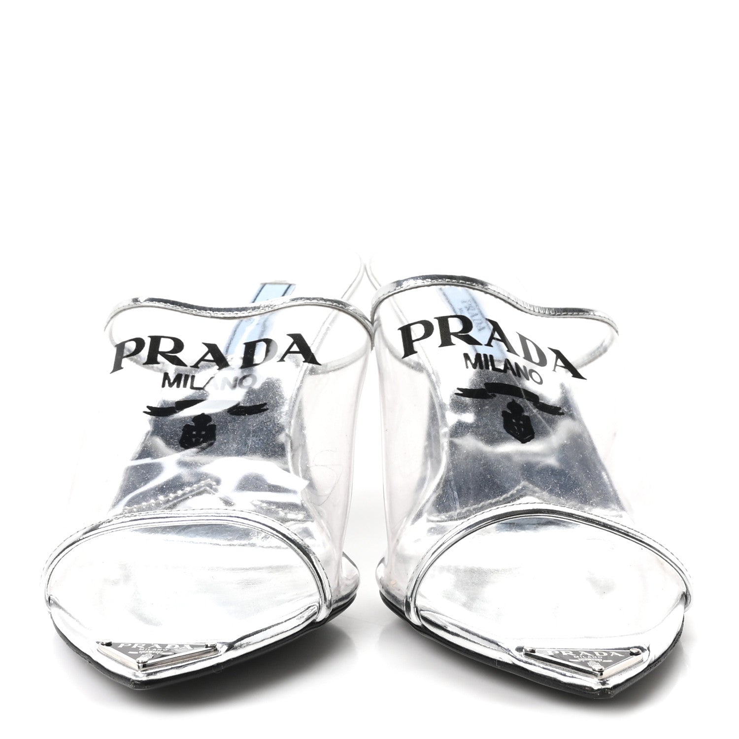 Plexiglass Metallic Calfskin Metal Triangle Logo 75mm Slide Sandals 38 Argento