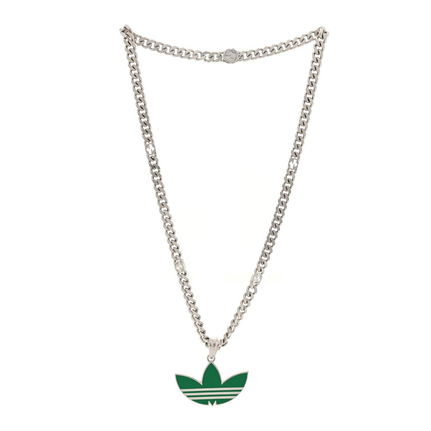 X ADIDAS Enamel Trefoil Gourmette Pendant Necklace Silver Green