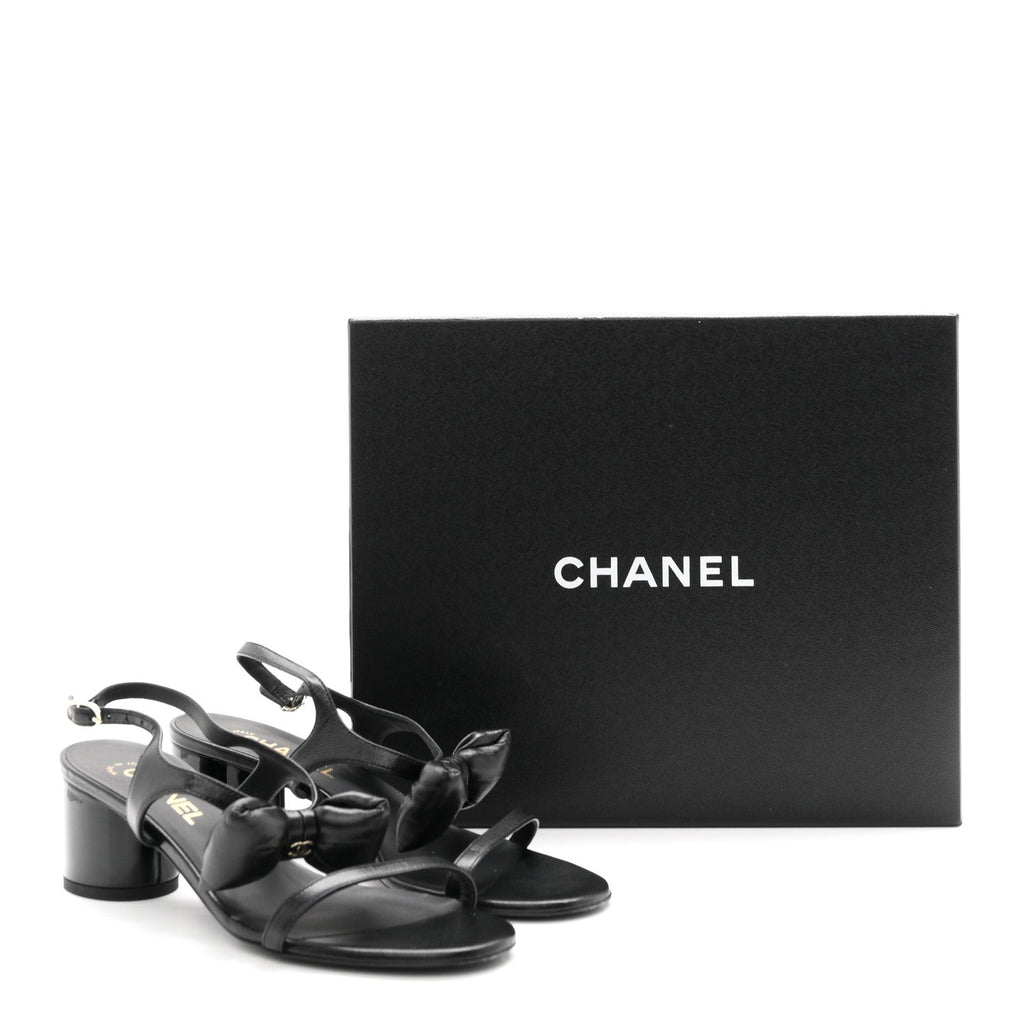 Lambskin CC Bow 55mm Sandals 38.5 Black