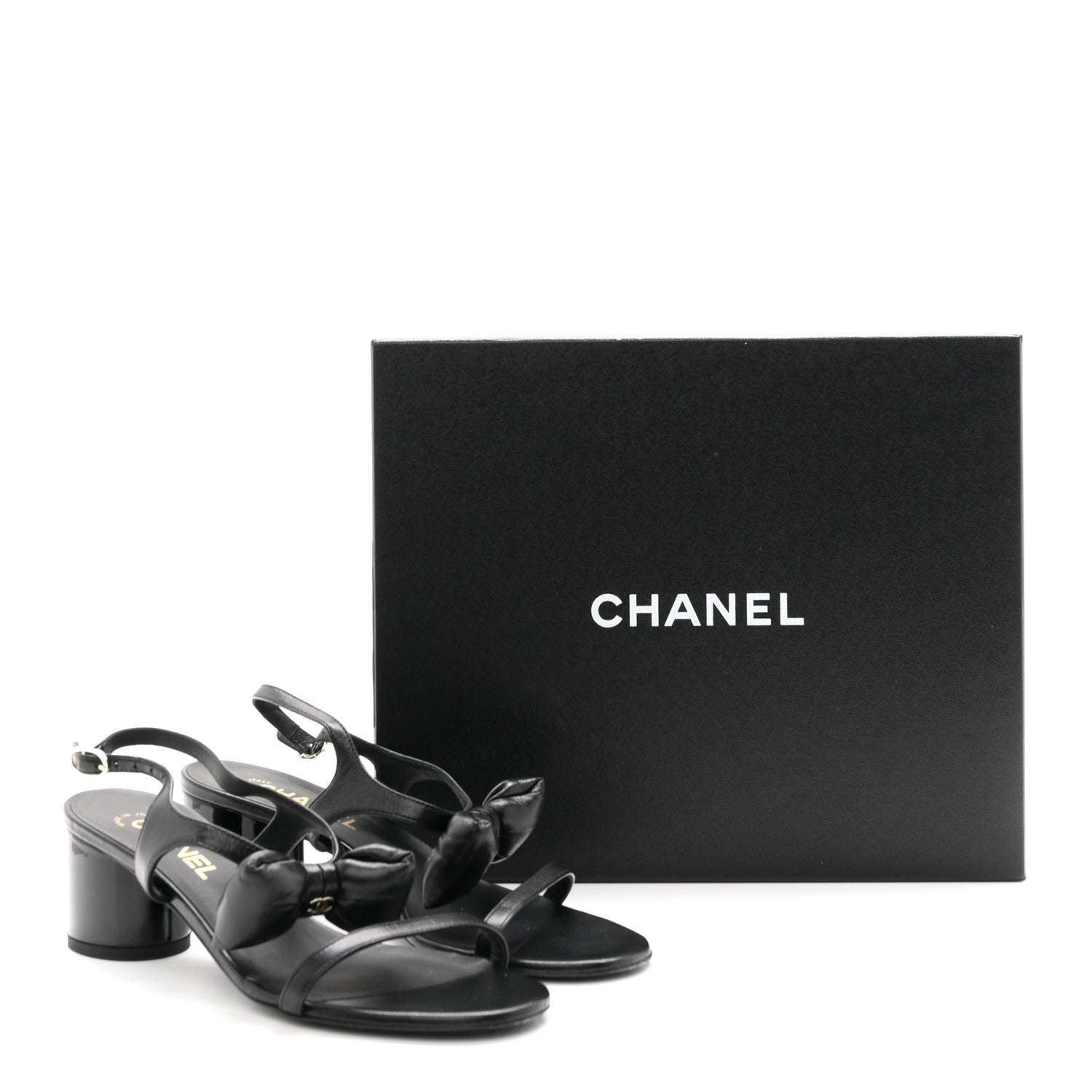 Lambskin CC Bow 55mm Sandals 38.5 Black