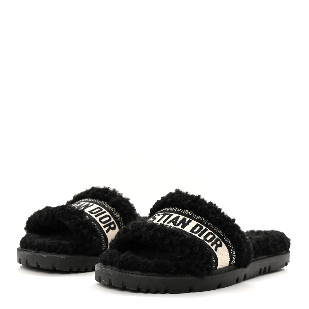 Shearling Canvas Lurex Embroidered Dway 10mm Slide Sandals 36 Black Natural