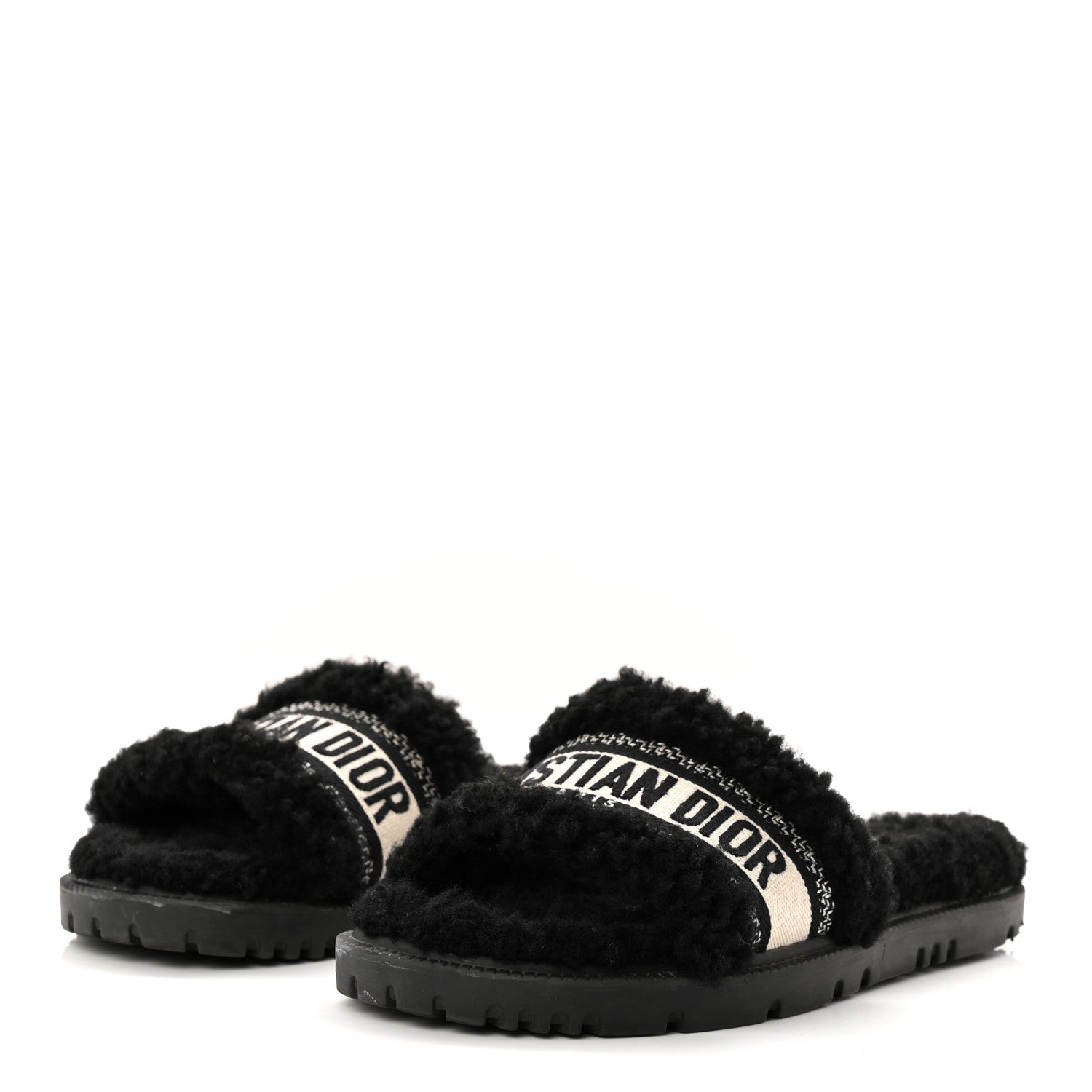 Shearling Canvas Lurex Embroidered Dway 10mm Slide Sandals 36 Black Natural