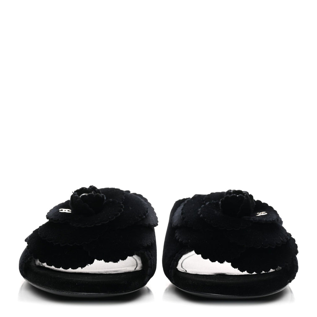 Velvet Pearl Camellia Slide Sandals 37 Black