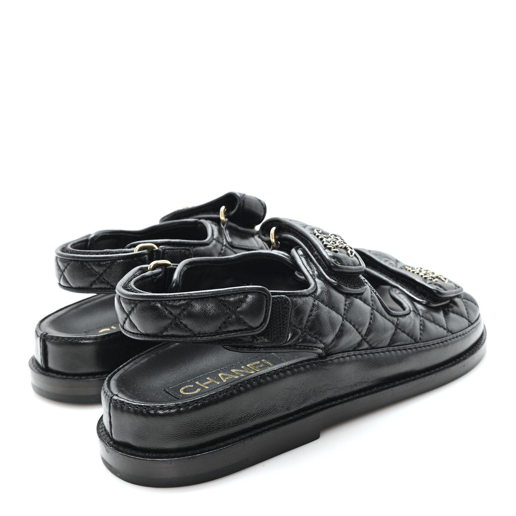 Lambskin Quilted Velcro Dad Chain CC Slide Sandals 36 Black
