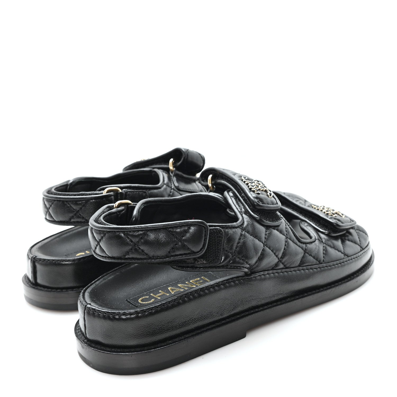 Lambskin Quilted Velcro Dad Chain CC Slide Sandals 36 Black