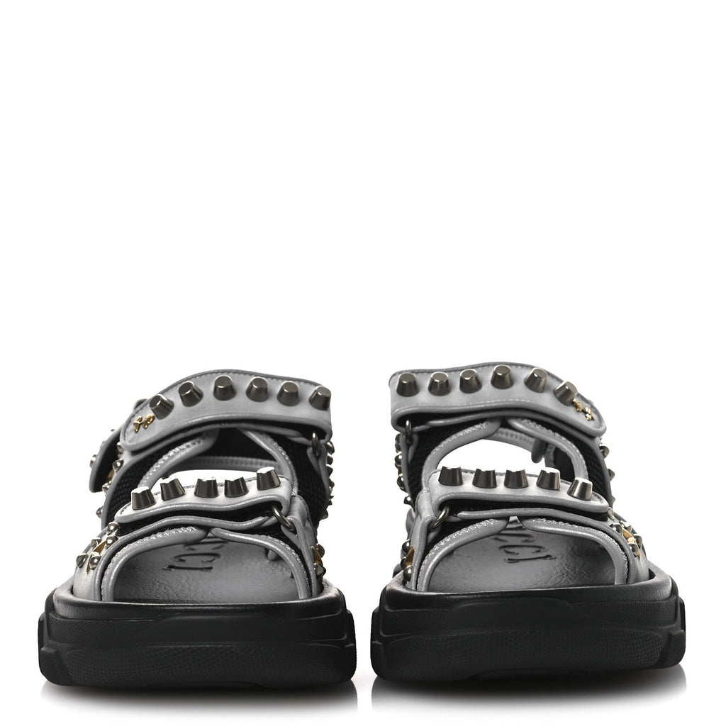 Technical Canvas Calfskin Reflective Studded Mens Aguru Sandals 6.5 Silver Black