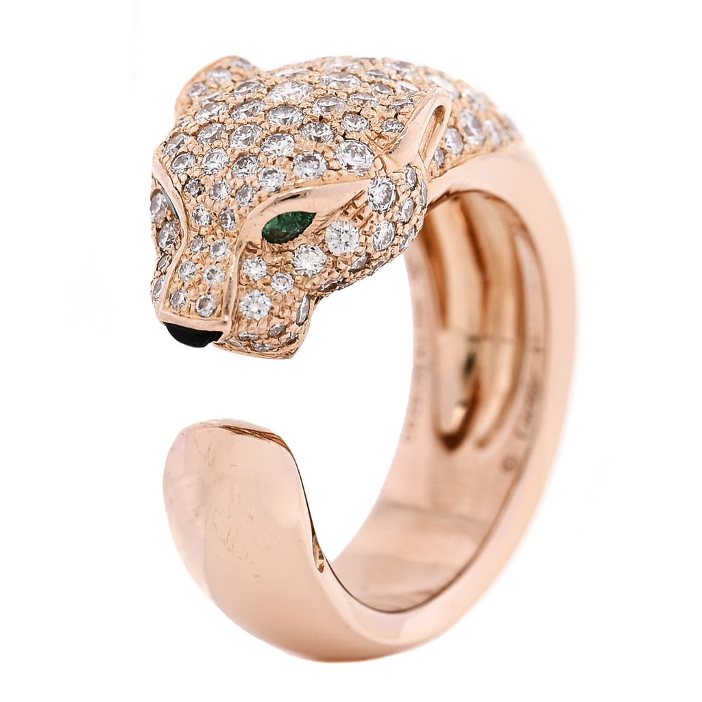 18K Pink Gold Diamond Emerald Onyx Panthere De Cartier Ring 51 5.75