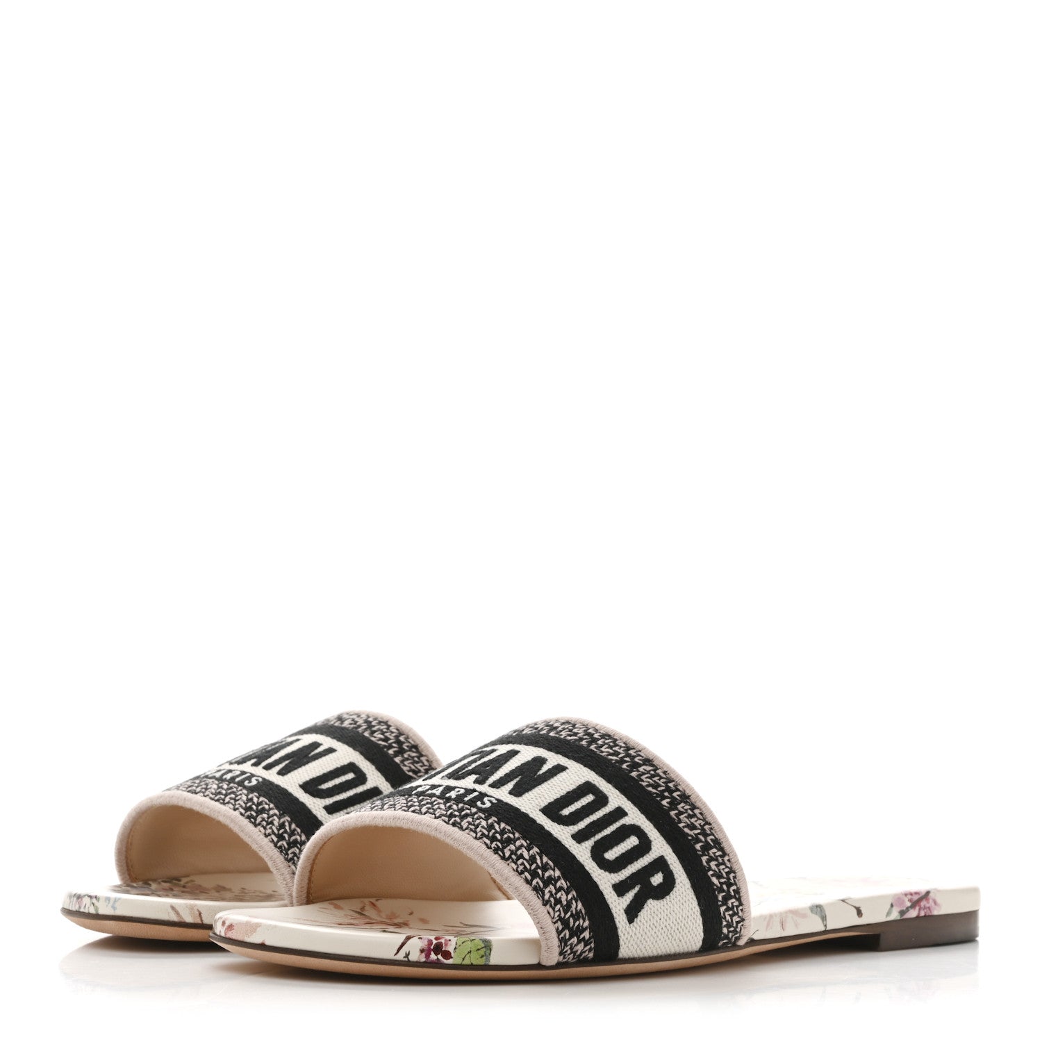 Canvas Millefiori Embroidered Dway Flat Slide Sandals 37 Nude White