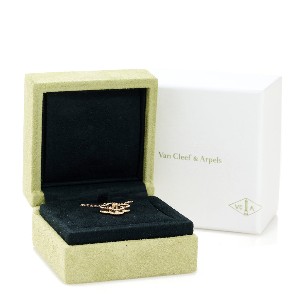 18K Rose Gold Diamond Silver Obsidian Vintage Alhambra Pendant Necklace
