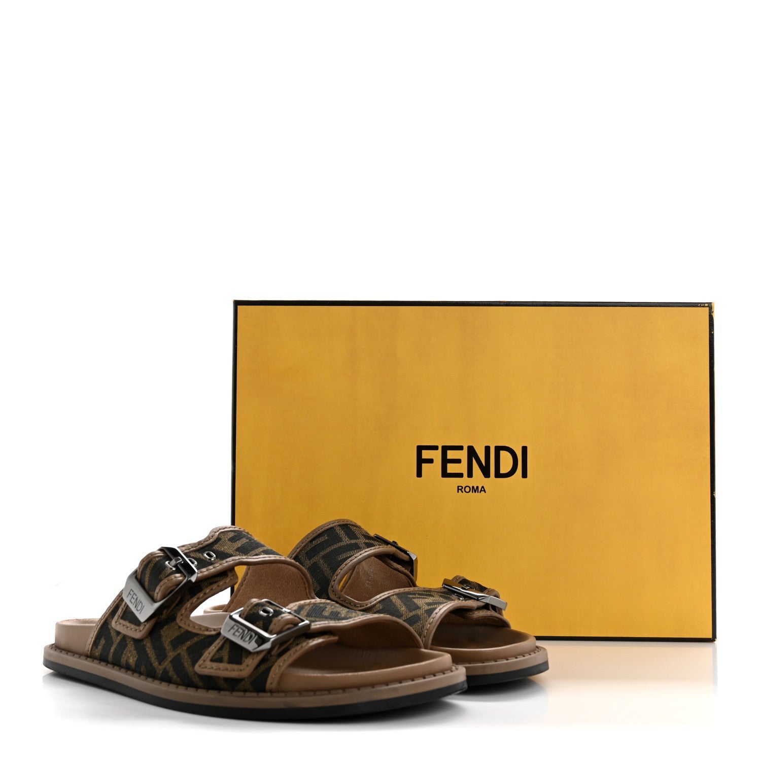 Fabric Jacquard Nappa FF Mens Fendi Feel Buckled Slide Sandals 5 Tobacco Black Miele Scuro