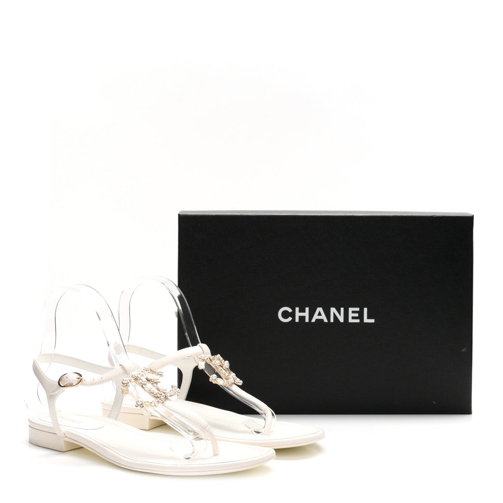 Lambskin Pearl Crystal CC Thong Sandals 39 White