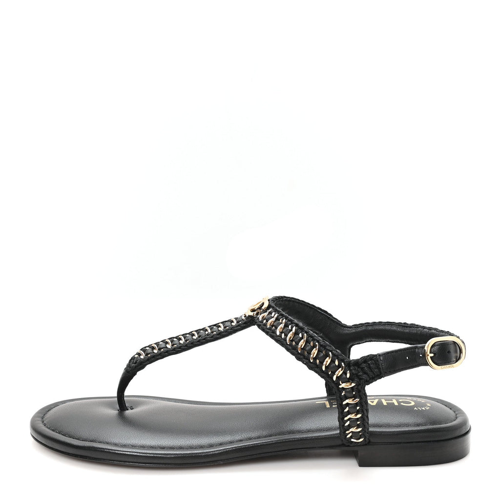 Lambskin Embroidered CC Thong Sandals 39 Black
