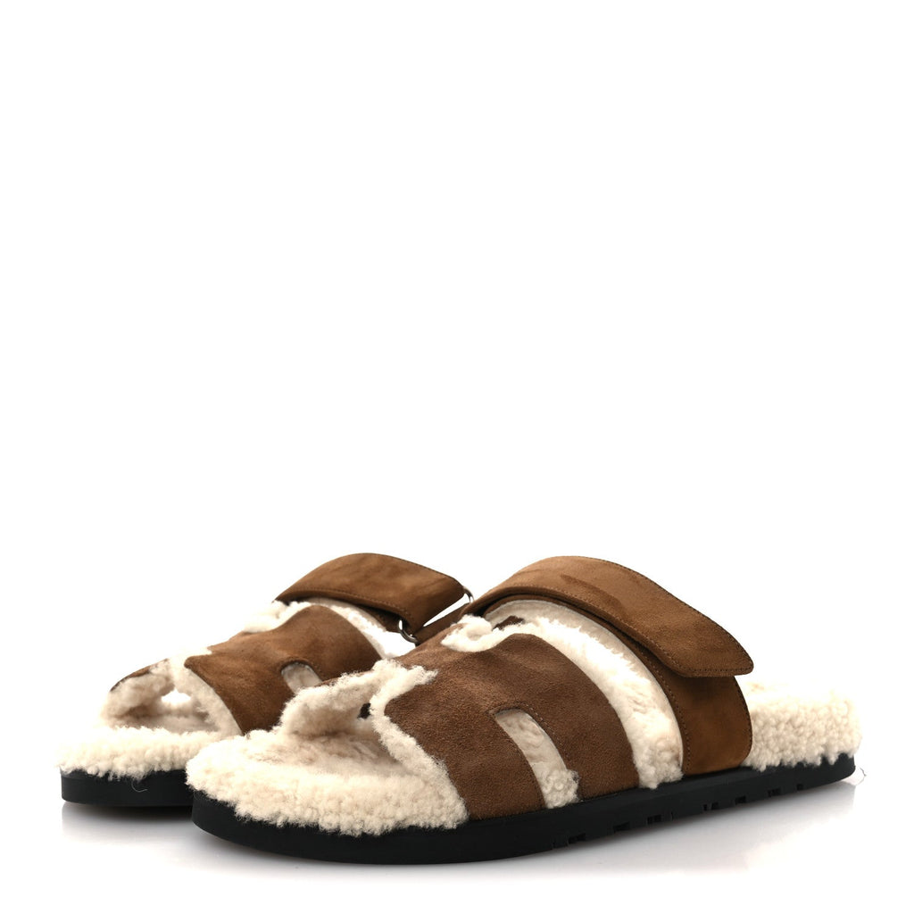 Suede Goatskin Woolskin Mens Chypre Sandals 42 Brun Fume Ecru