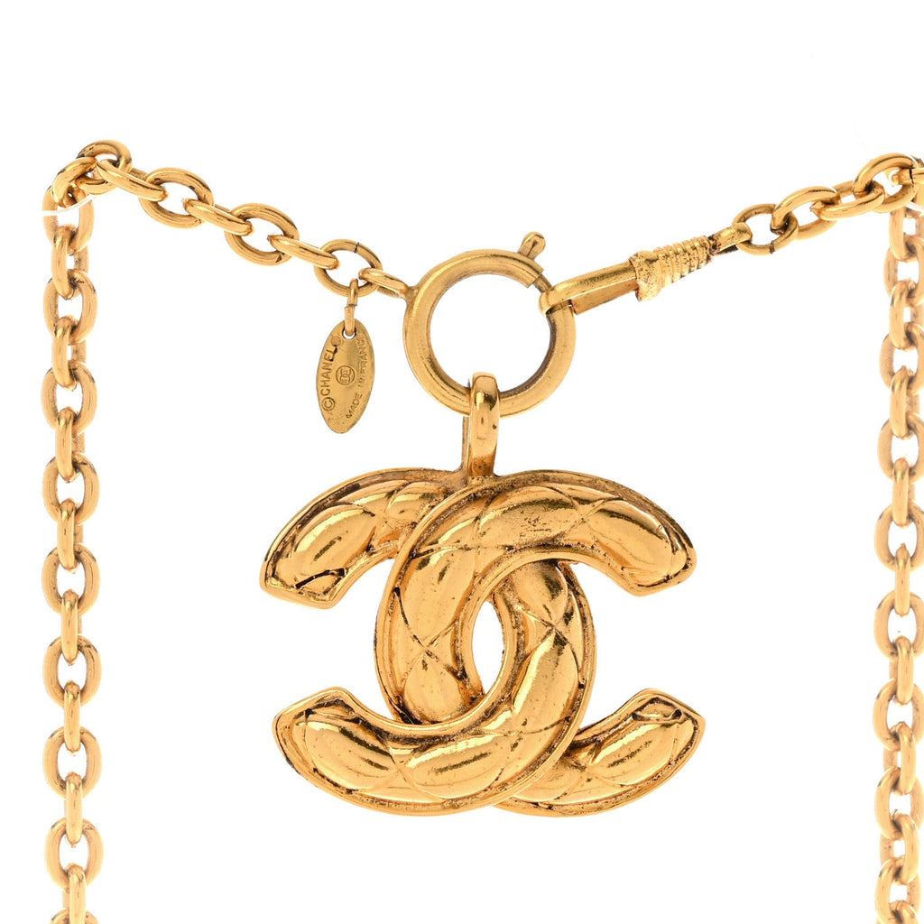 Metal Quilted CC Long Necklace Gold