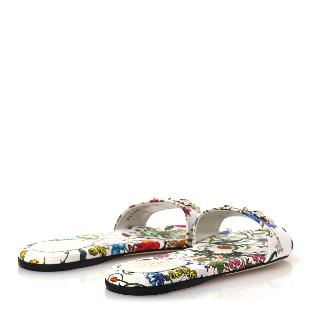 Canvas Flora Print Horsebit Slide Sandals 38 White
