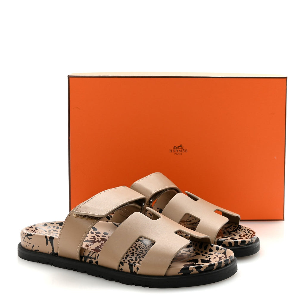 Calfskin Leopard Womens Chypre Sandals 38.5 Beige Argile