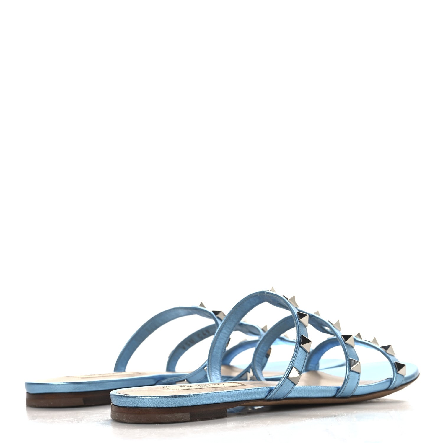 Metallic Nappa Rockstud Caged Flat Slide Sandals 37 Cerulean