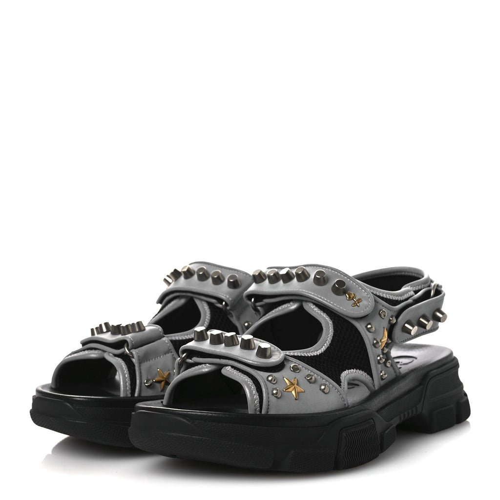 Technical Canvas Calfskin Reflective Studded Mens Aguru Sandals 6.5 Silver Black