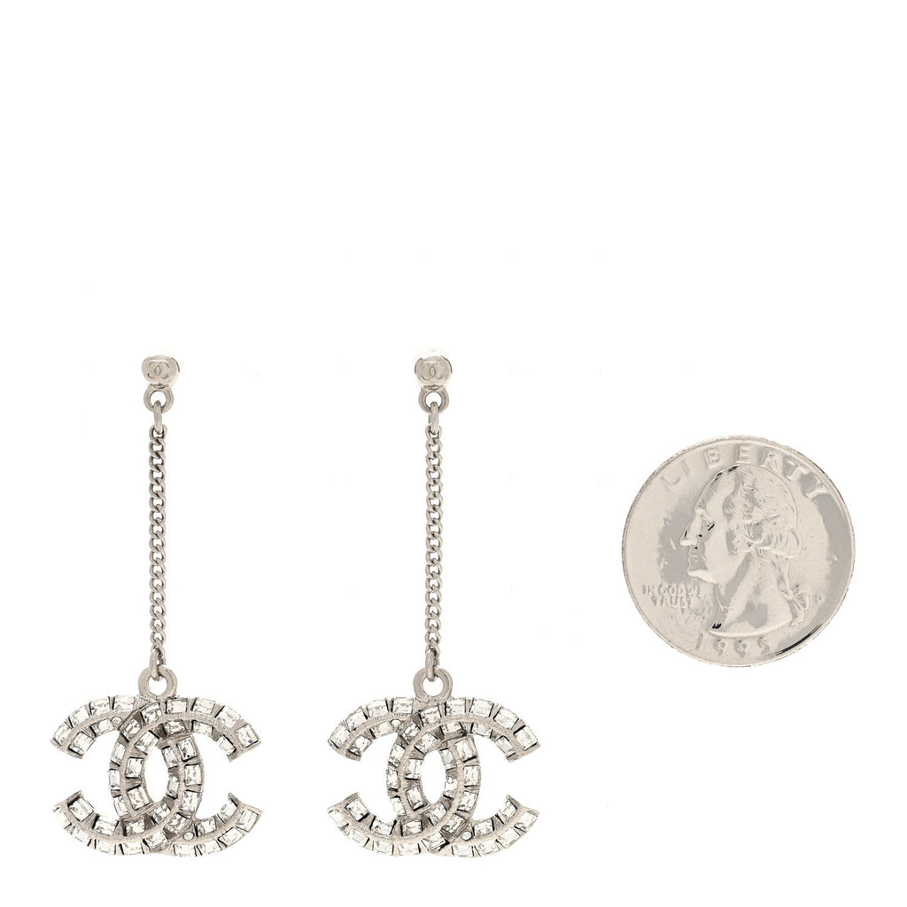 Baguette Crystal CC Drop Earrings Silver