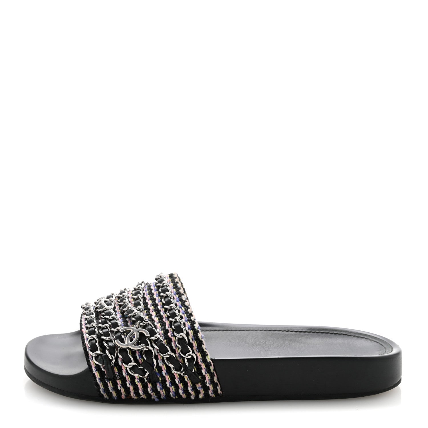 Satin Canvas Chain Slides Sandals Flats 37.5 Marine