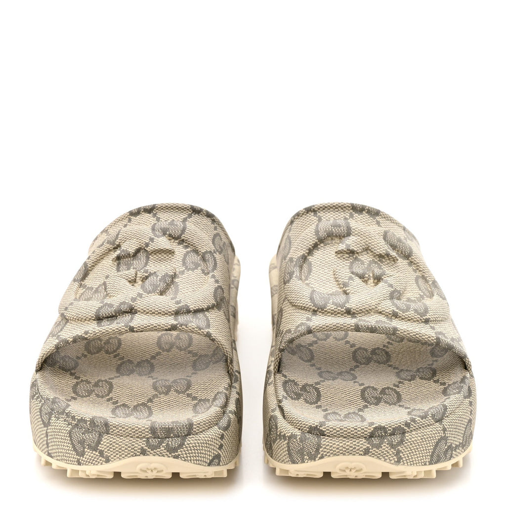 Cubic Rubber GG Monogram Mens Interlocking G Platform 42mm Slide Sandals 10 Beige Ebony