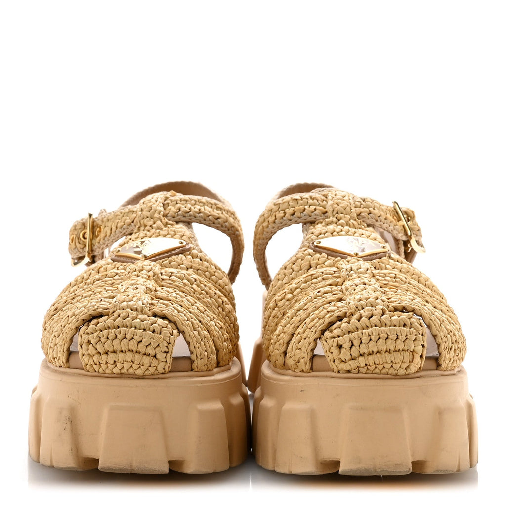Yarn Raffia Effect Metal Triangle Logo Crochet Monolith 55mm Cage Sandals 38 Naturale