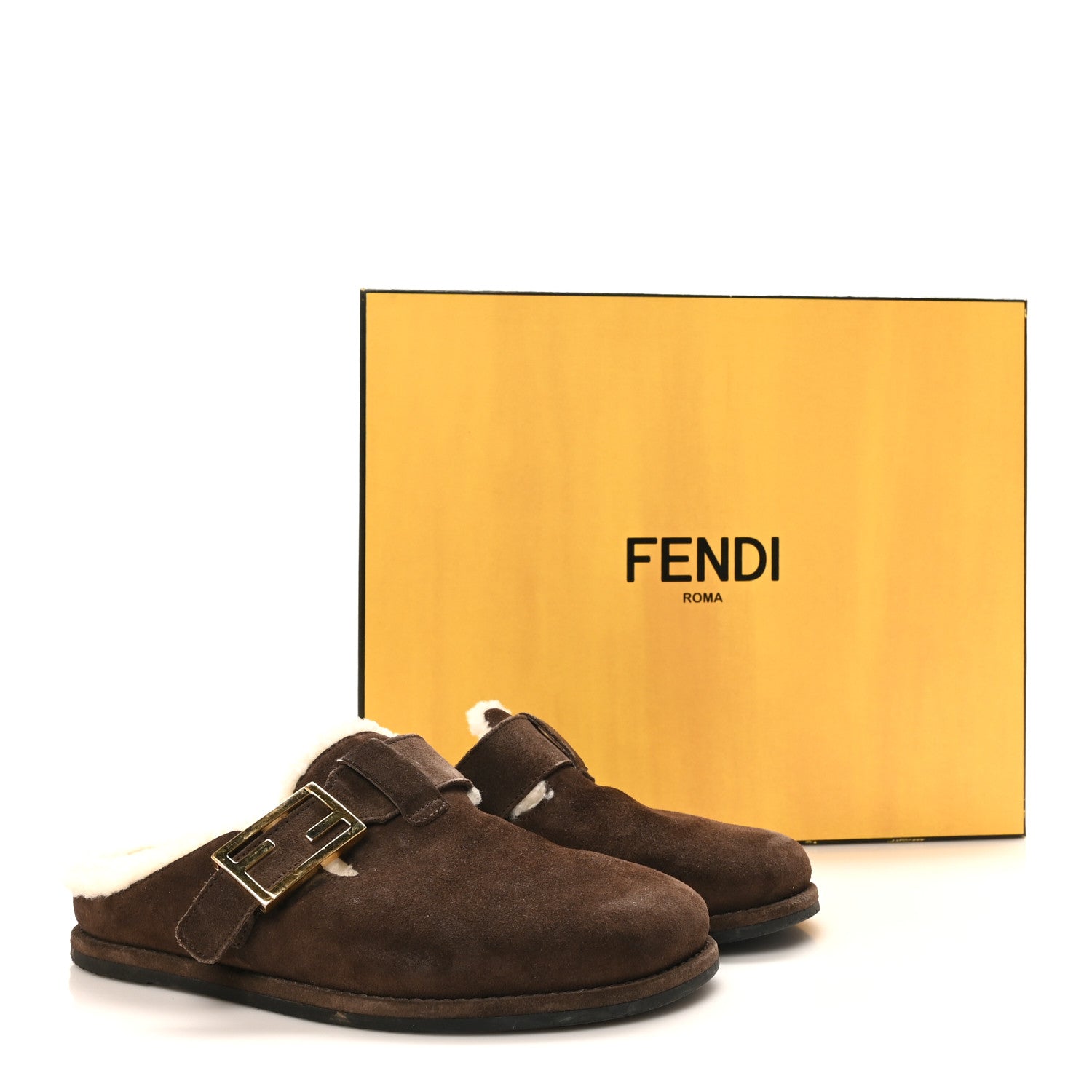 Suede Shearling Fendi Feel Buckled Clogs 36 Mogano Latte