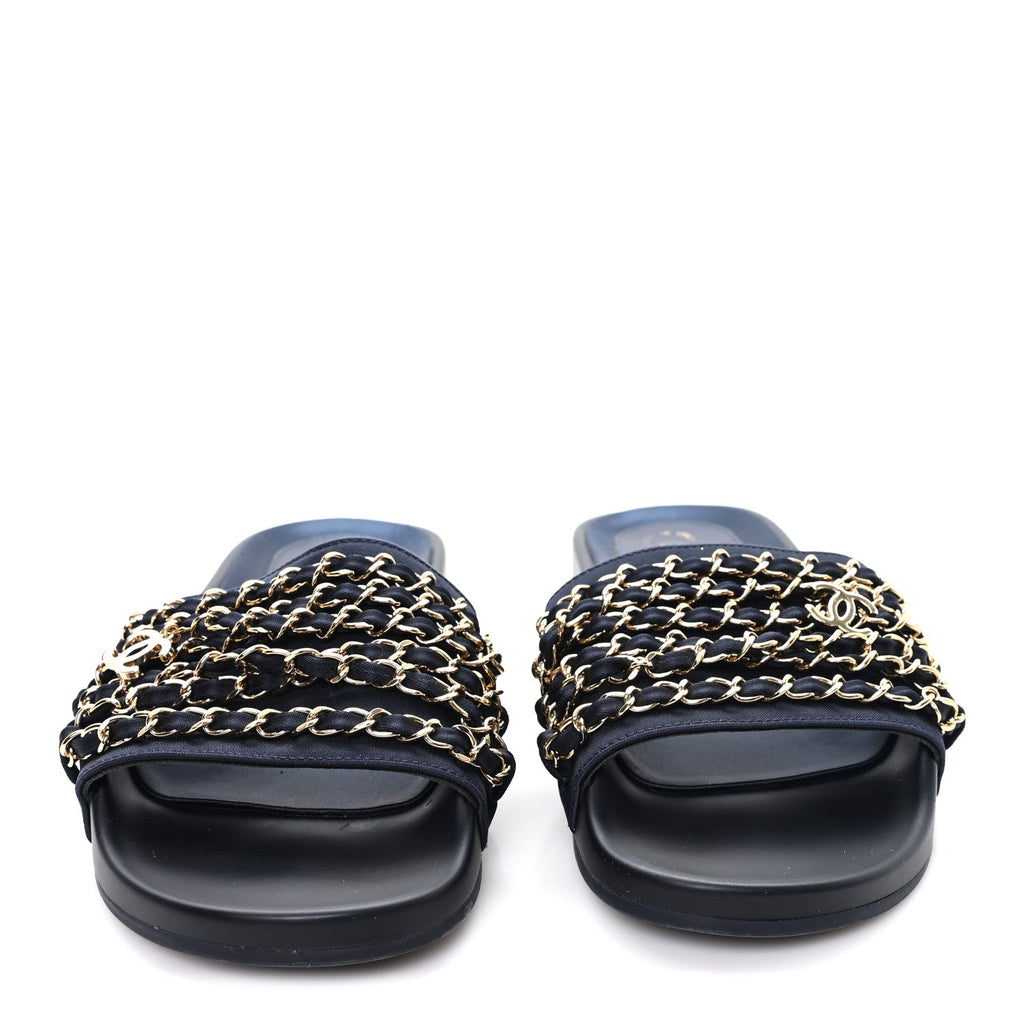 Satin Canvas Chain Slides Sandals Flats 38 Marine