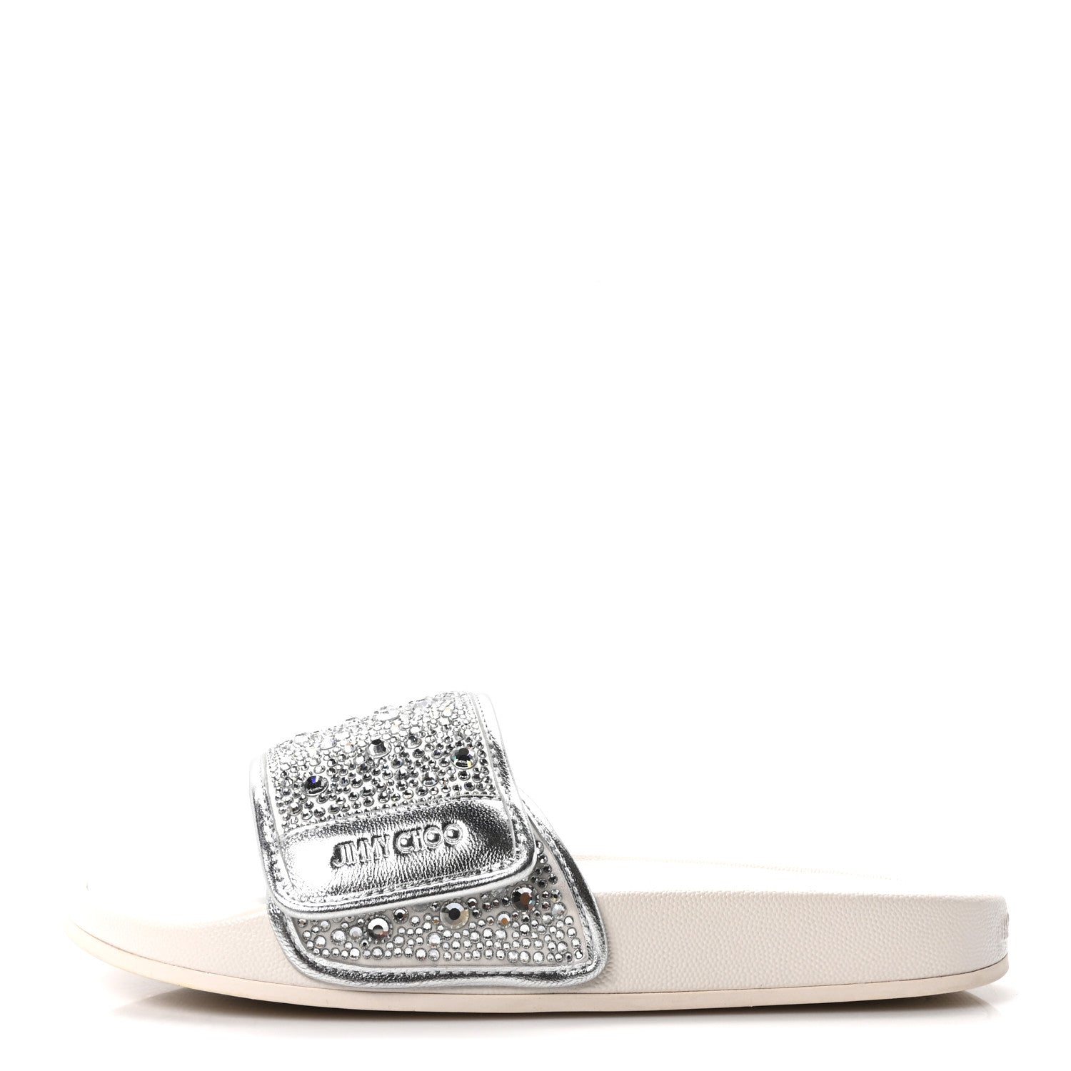 Satin Metallic Nappa Crystal Embellished Fitz Slide Sandals 39 Ivory